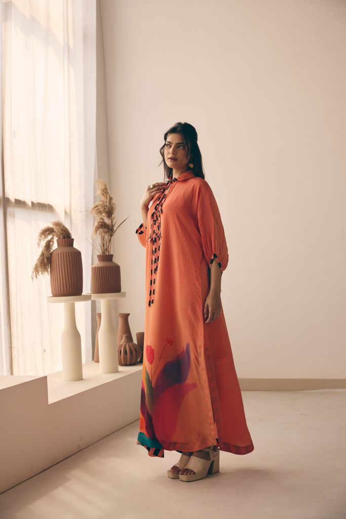 Coral Petal Front Lace Shirt Dress