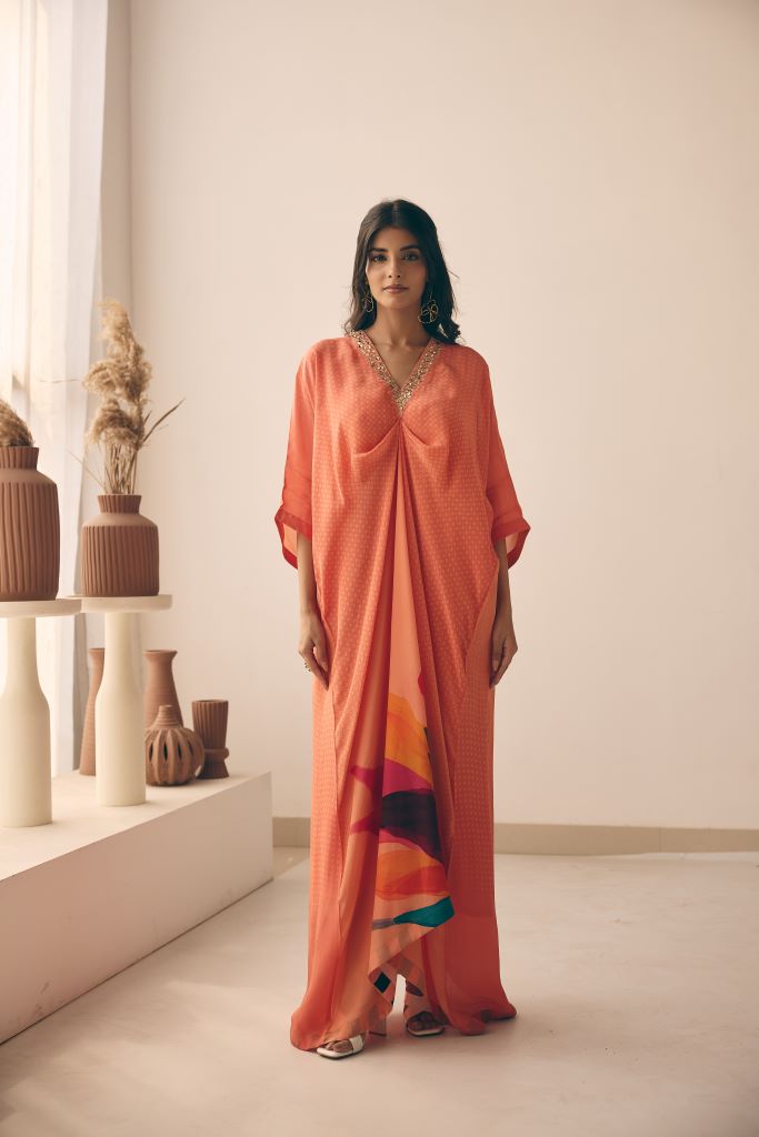 Coral Petal Knot Long Kaftan With Slip