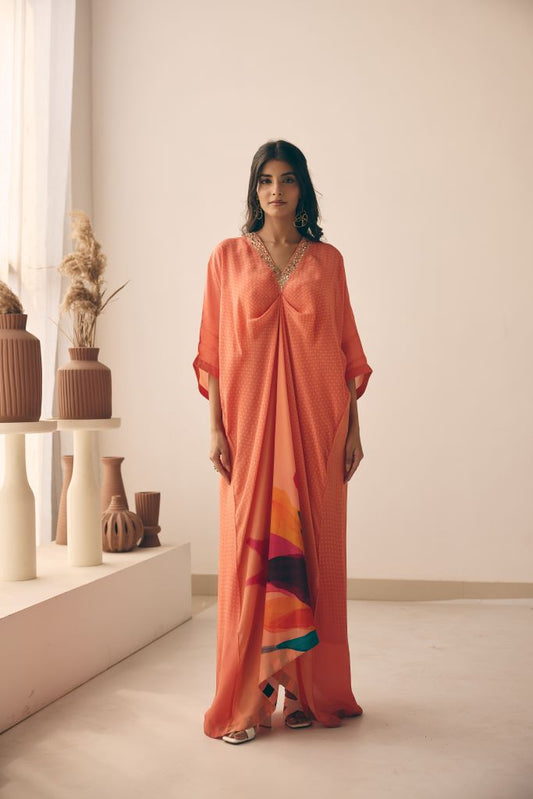 Coral Petal Knot Long Kaftan With Slip