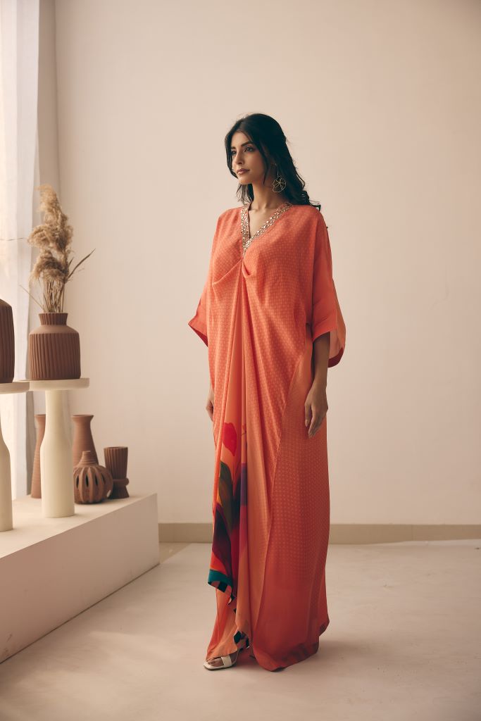 Coral Petal Knot Long Kaftan With Slip