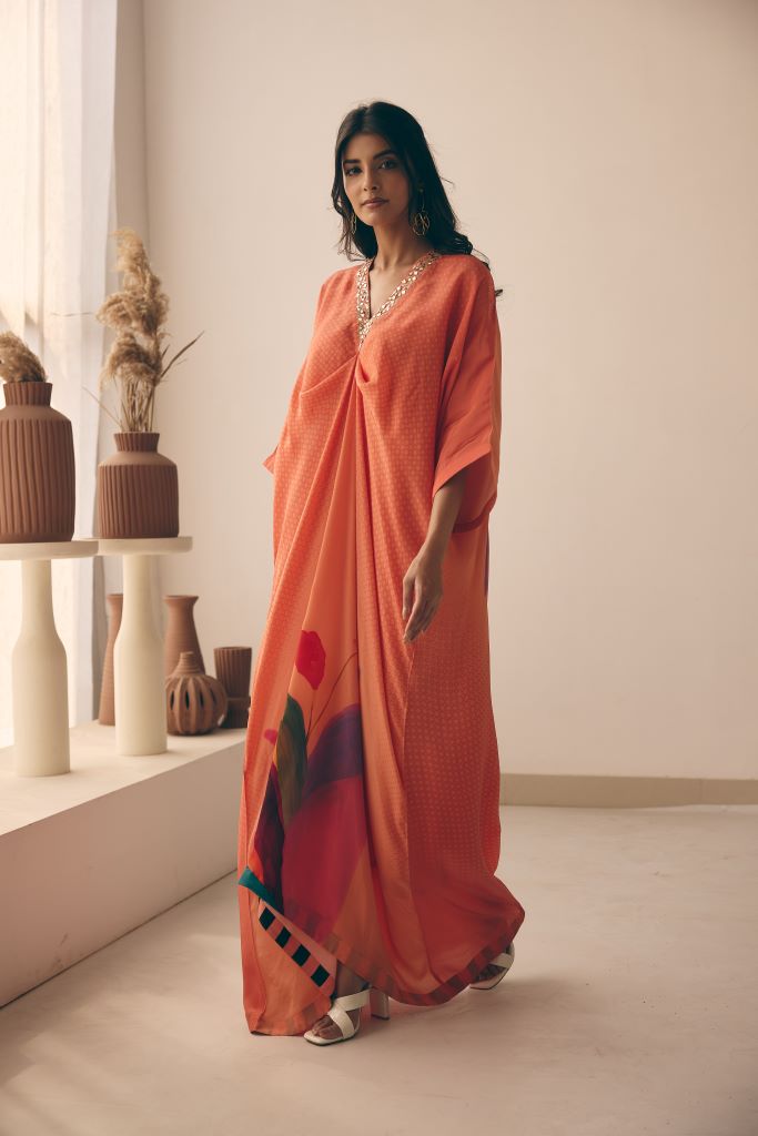 Coral Petal Knot Long Kaftan With Slip