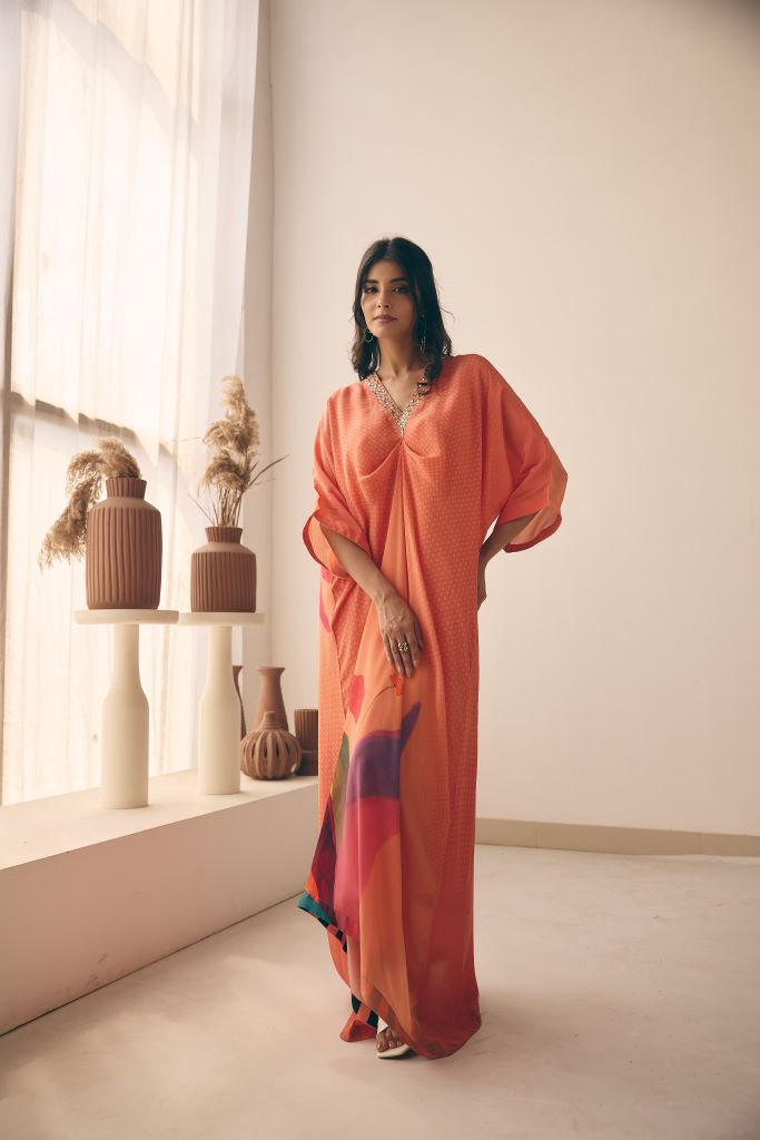 Coral Petal Knot Long Kaftan With Slip