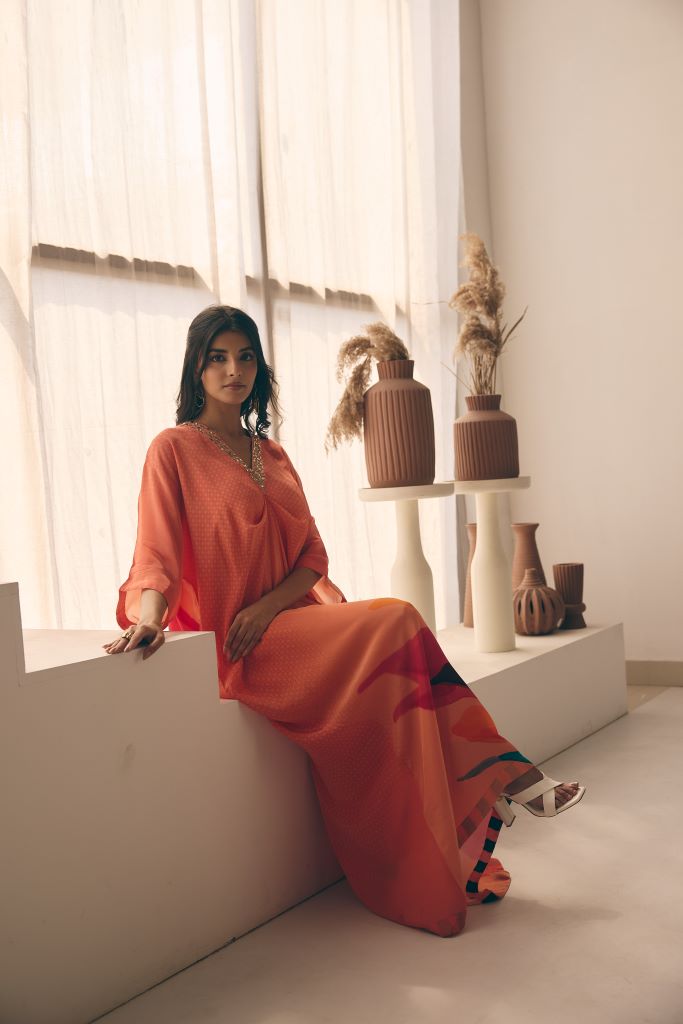 Coral Petal Knot Long Kaftan With Slip