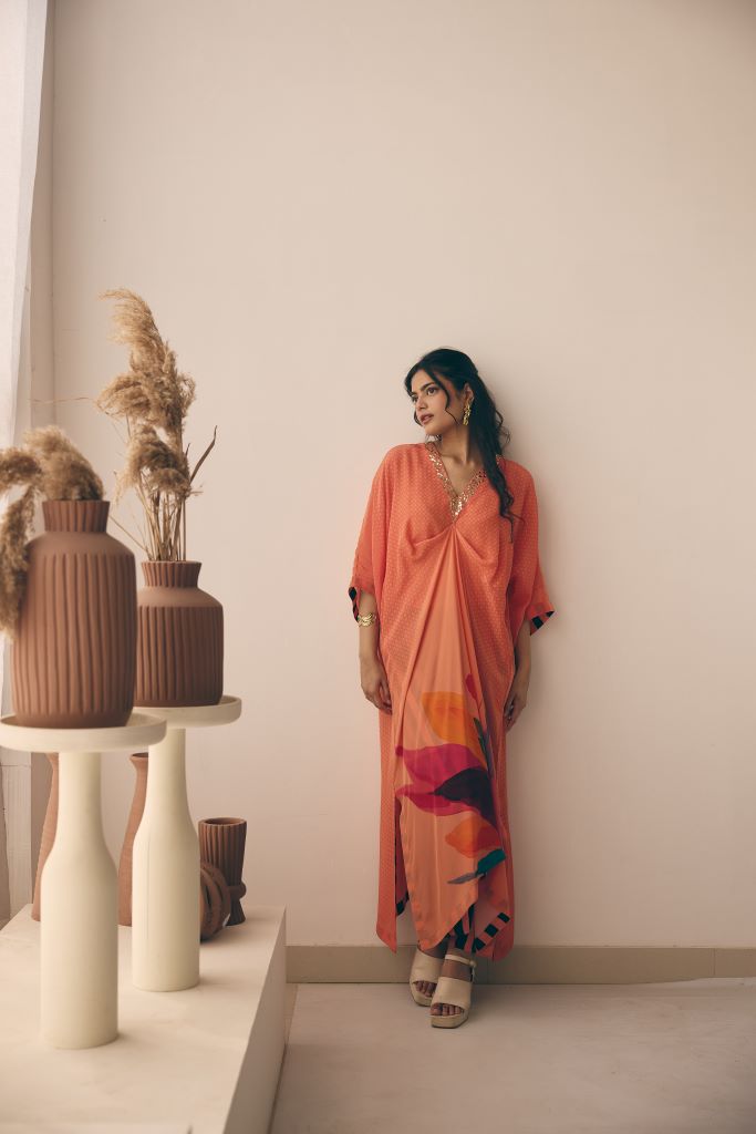 Coral Petal Knot Kurta With Pant