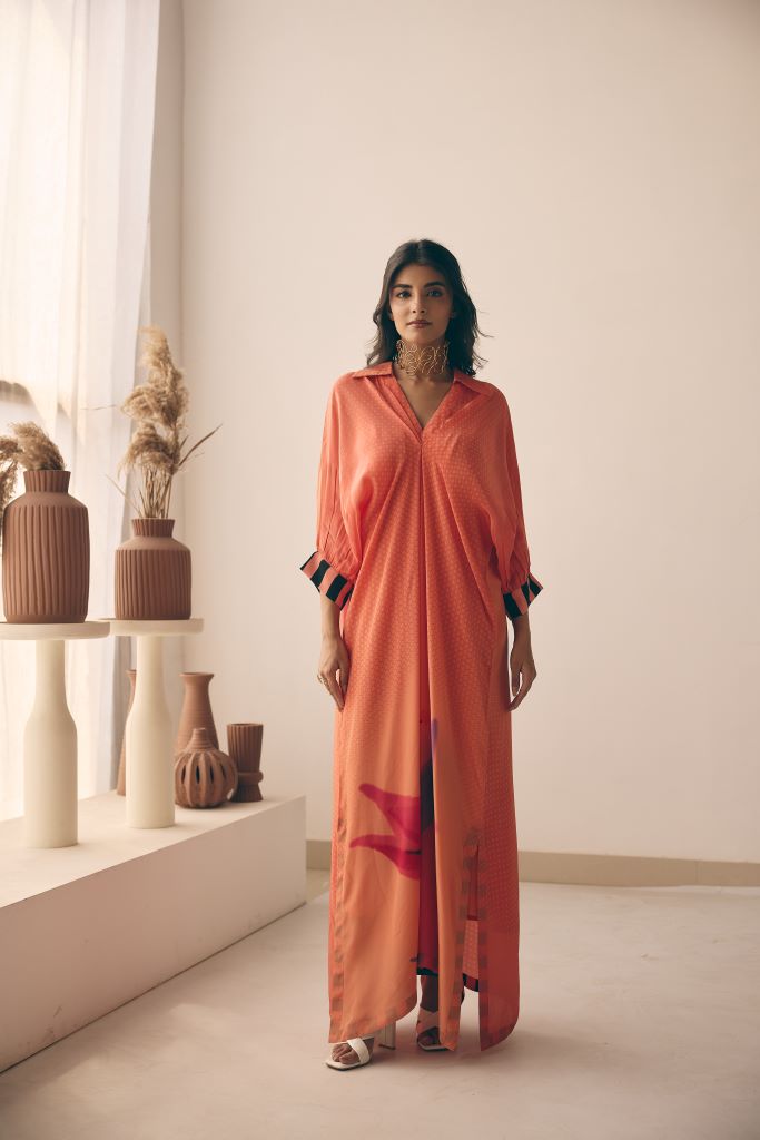 Coral Petal Front Pleated Long Dress