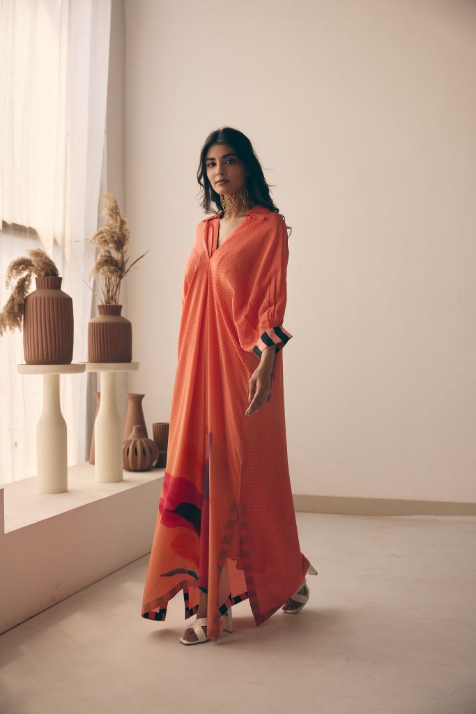 Coral Petal Front Pleated Long Dress