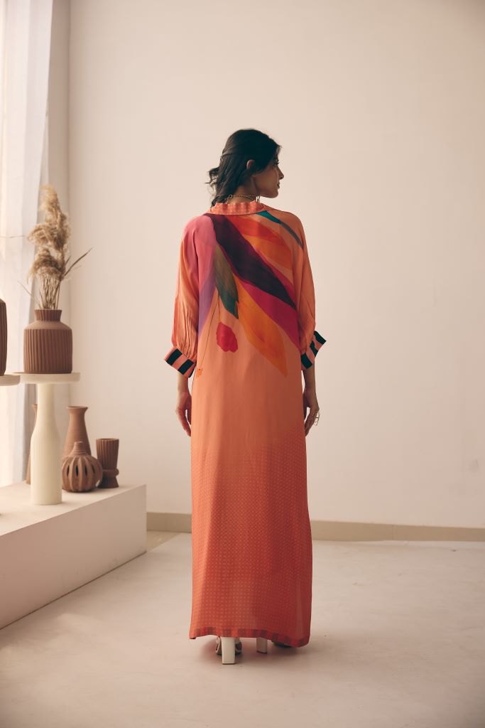 Coral Petal Front Pleated Long Dress