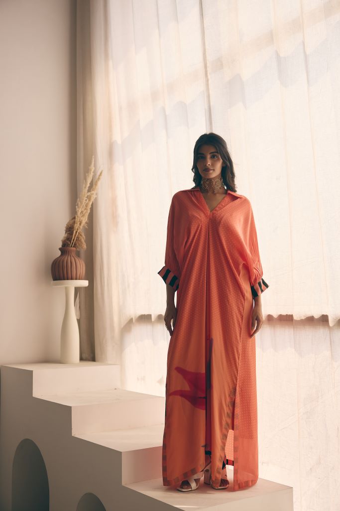 Coral Petal Front Pleated Long Dress