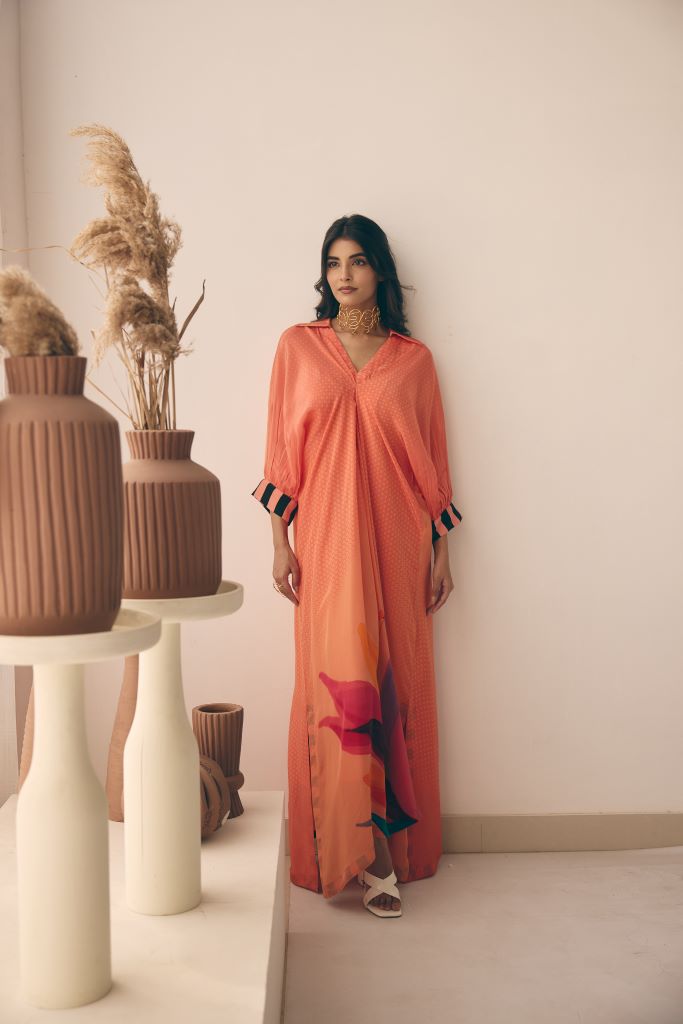 Coral Petal Front Pleated Long Dress