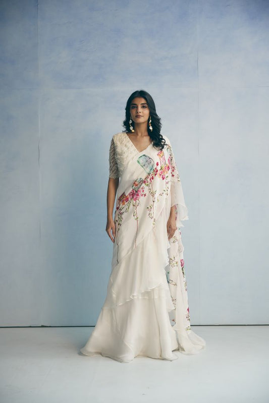 Jar Plant Ruffle Saree With  Blouse